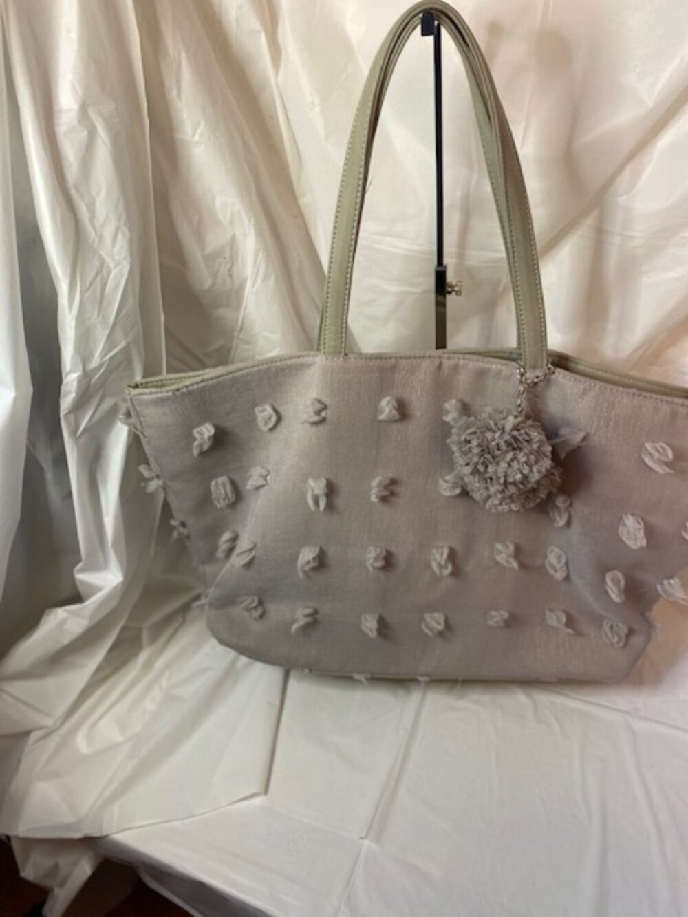 Deux Lux Large Light Gray Textured Blossom Pom-Pom Tote Bag